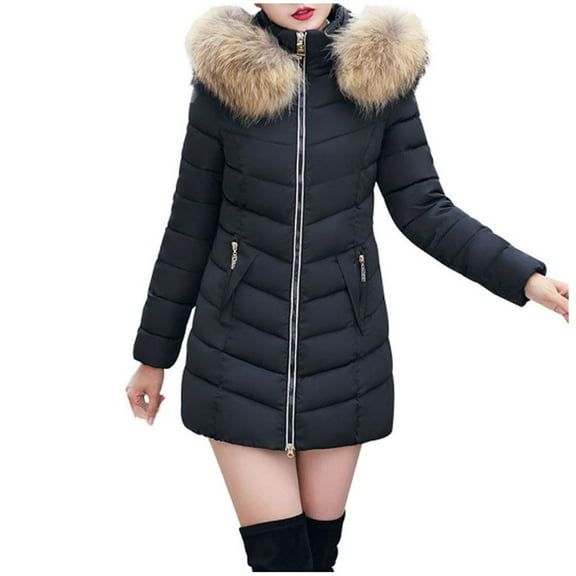 WRKEKC Winter Coats for Women Mid Length Hooded Puffer Jacket with Faux Fur Trim Warm Winter Outerwear Coat for Women Casual Wear