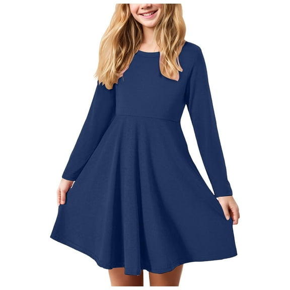 Wxirdiow Dresses for Girls Girls Long Sleeve Smocked Skater Fall Winter Elegant Dress with Pockets Navy Size,17-18 Years