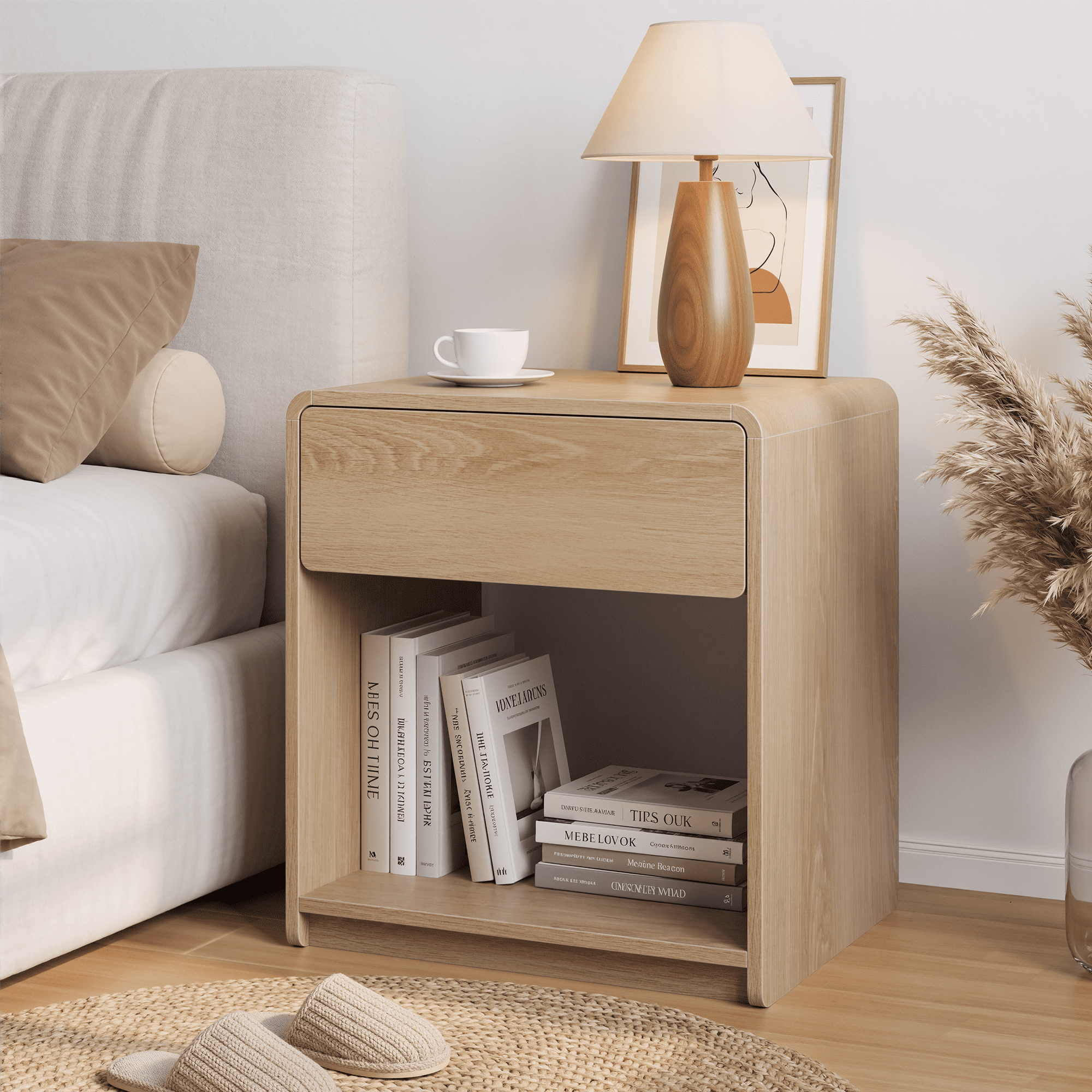 2 Pieces Bedside Table Set, With Storage Drawers And Open Shelves, Bedroom Side Table With Rounded Corners, Compact Bedside Table Set, Oak Color