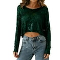 thumbnail image 2 of Uaswgudfs Women's Party Sequin Long Sleeve Top – Solid Color Crew Neck Blouse Ladies Stylish Evening Wear Comfortable Casual Outfit Green L, 2 of 7