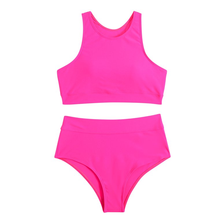 RQYYD Clearance Women Athletic Two Piece Swimsuits Sports High Waisted  Bathing Suit Crop Tops Bikini Set Tummy Control Tankini(Hot Pink,S) 