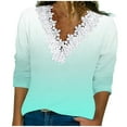 thumbnail image 2 of Free Shipping Women's Fashion Fall Gradient Tops Long Sleeve Lace Trim V Neck Casual Shirts Basic Tees Loose Fit Tunic Blouses, 2 of 5