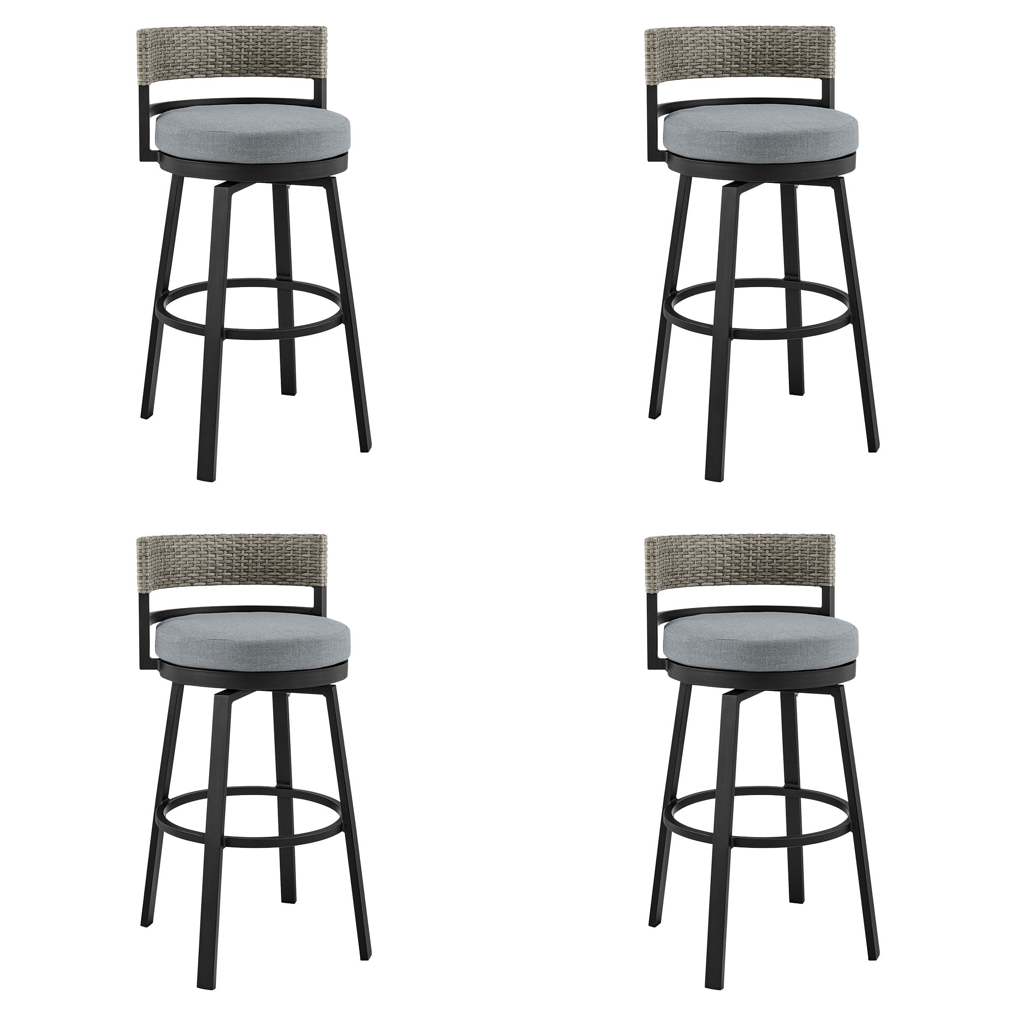 Encinitas Outdoor Patio Swivel Bar Stool in Aluminum and Wicker with Gray Cushions - Set of 4