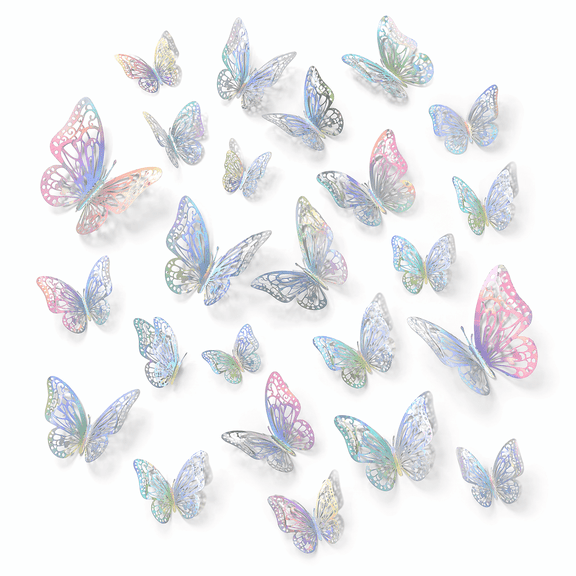 24 Pcs Silver 3D Butterfly Wall Decor,3 Sizes Shiny Silver Butterflies,Butterfly Party Decorations, Multipurpose Stickers for Graduation, Room And Art Craft Decor