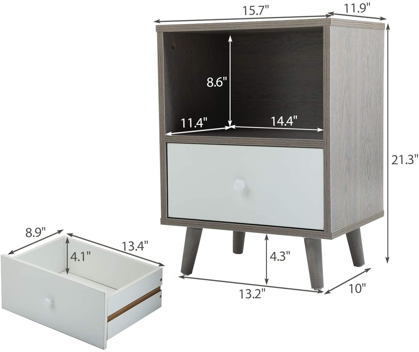 Modern Wood Nightstands with Drawer, Open Shelf and Solid Wood Legs, End Table for Living Room (2-Pack, Grey+White) Modern Wood Nightstands with Drawer, Open Shelf and Solid Wood Legs, End Table for Living Room (2-Pack, Grey+White)