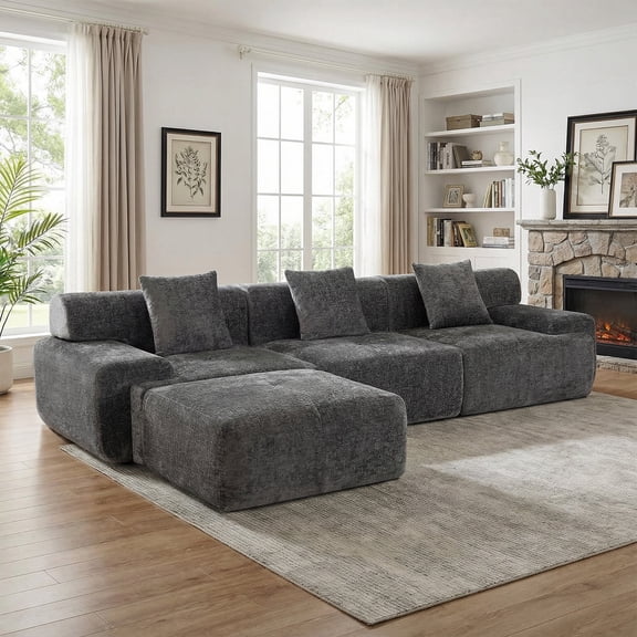 120" Boneless Sectional with Ottoman, 3-Seater Chenille Frameless Couch with Deep seat, Modern L-Shaped Modular Sofa for Living Room, No Assembly Required, Gray