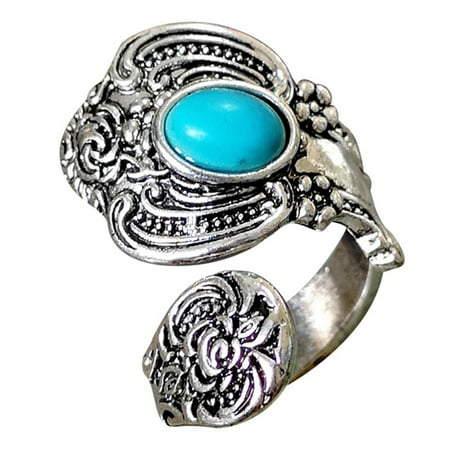 AkoaDa 2019 New Vintage Antique Natural Stone Open Ring Jewelry Blue Turquoises Sea Opal Finger Ring For Women Jewelry