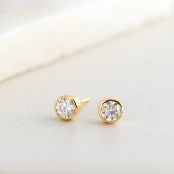 Bluebelljewels 14K Yellow Gold Plated Bezel CZ Stud Earrings, Diamond Studs, Bezel Set Studs Earrings
