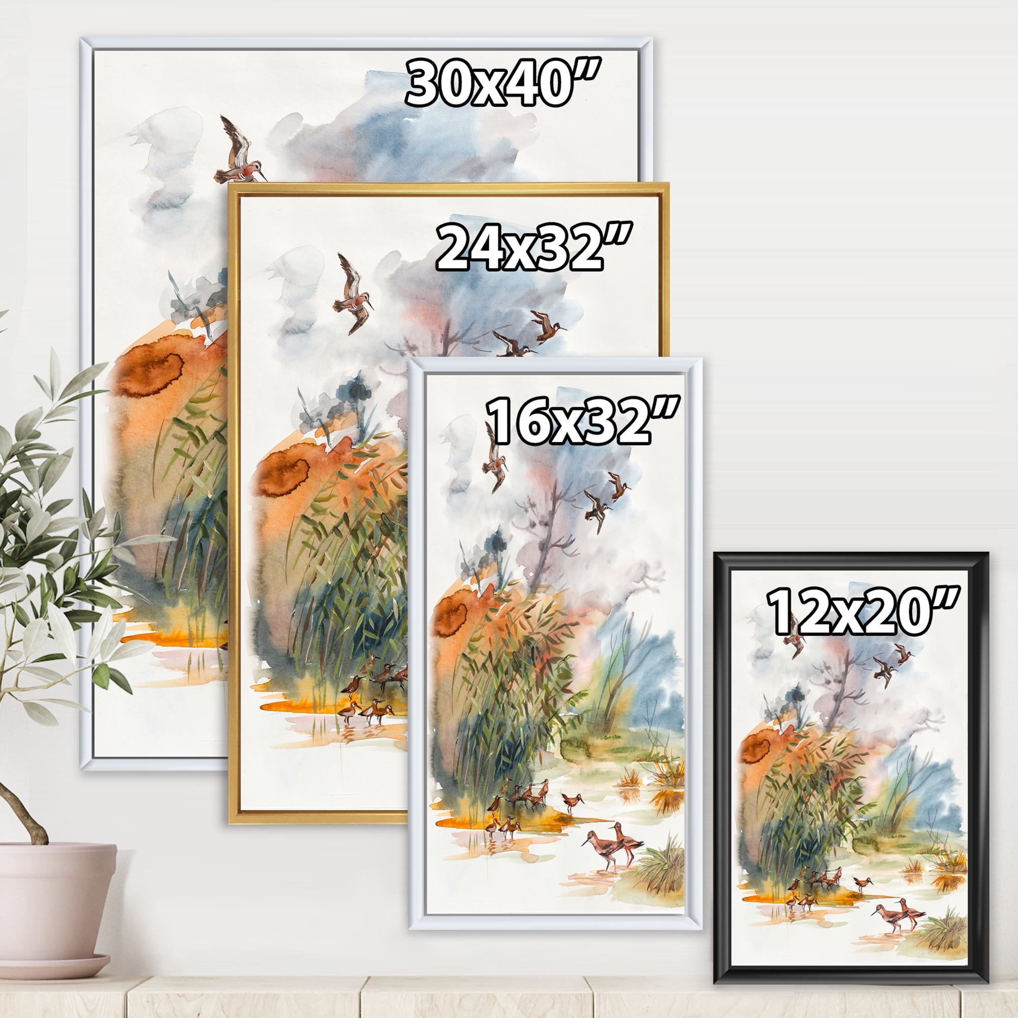 Designart 'Flying Over The Water With Autumn Landscape' Traditional Framed Canvas Wall Art Print