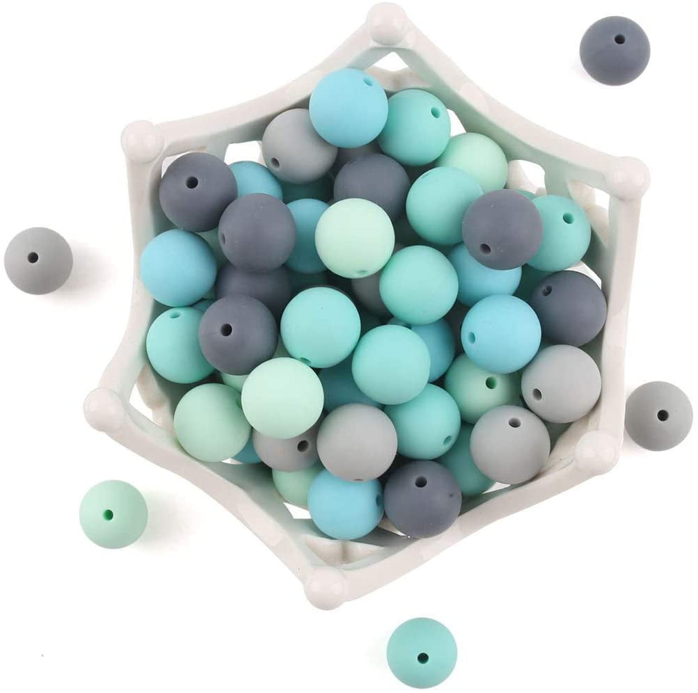 Baby Silicone Beads 15MM 50pcs BPA Free Food Grade Beads Green and Grey Series DIY Jewelry Chewable Nursing Necklace Accessories