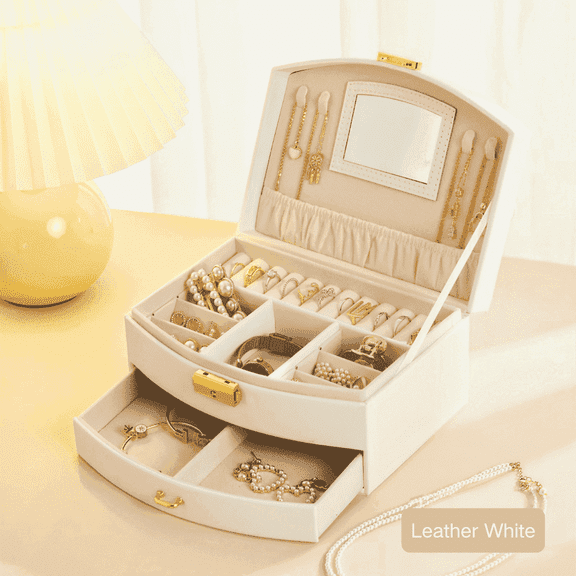 SPACEMUSE Pull Type Jewelry Box with Mirror, Multi-Functional Jewelry Organizer, Portable Case for Travel, Essential for Home, Ring Bracelet Display Holder (White)