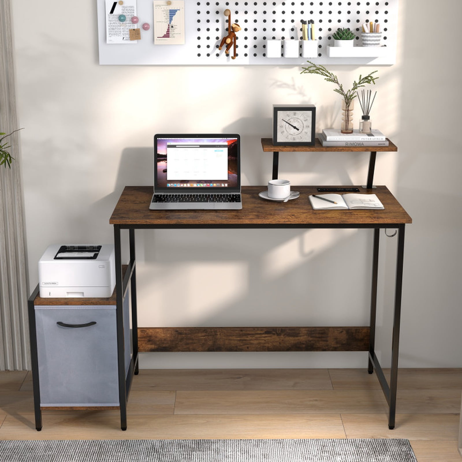 Furnibear Industrial Computer Desk with Reversible Fabric Storage Drawer, Moveable Shelf and USB Charging Station Brown
