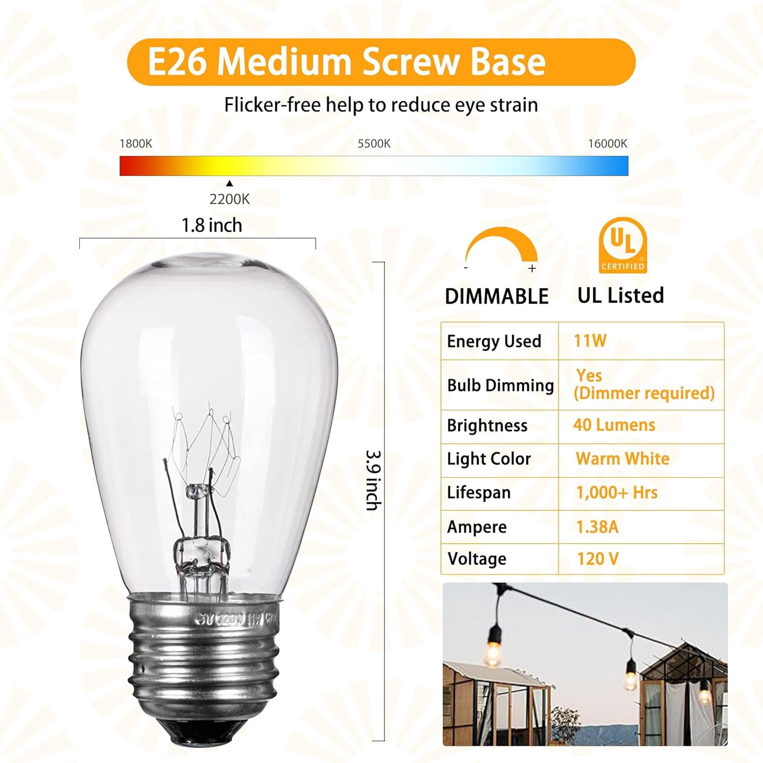 S14 Incandescent Edison Light Bulbs - 11W Vinta Clear Glass with E26 Medium Screw‐Base, Warm Filament Replacement for Outdoor Patio Garden String Lights, 20 Pack
