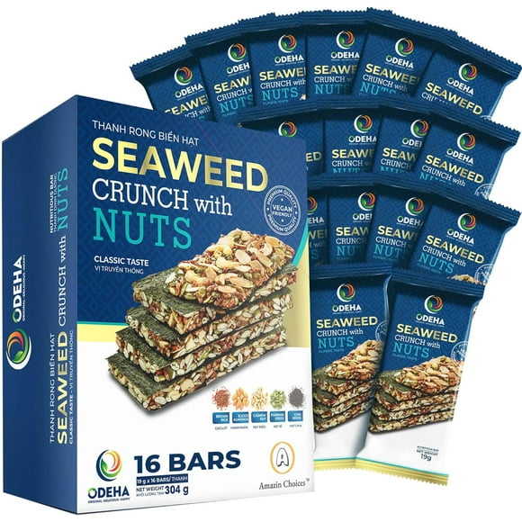 AMAZIN CHOICES Seaweed Crunch with Nuts Classic Taste - Snack Viet - Vegan Seaweed Snack Bars Packed with Nuts & Seeds | On-the-Go Snacking Perfect for Tasty - 10.7 oz (16 Bars)