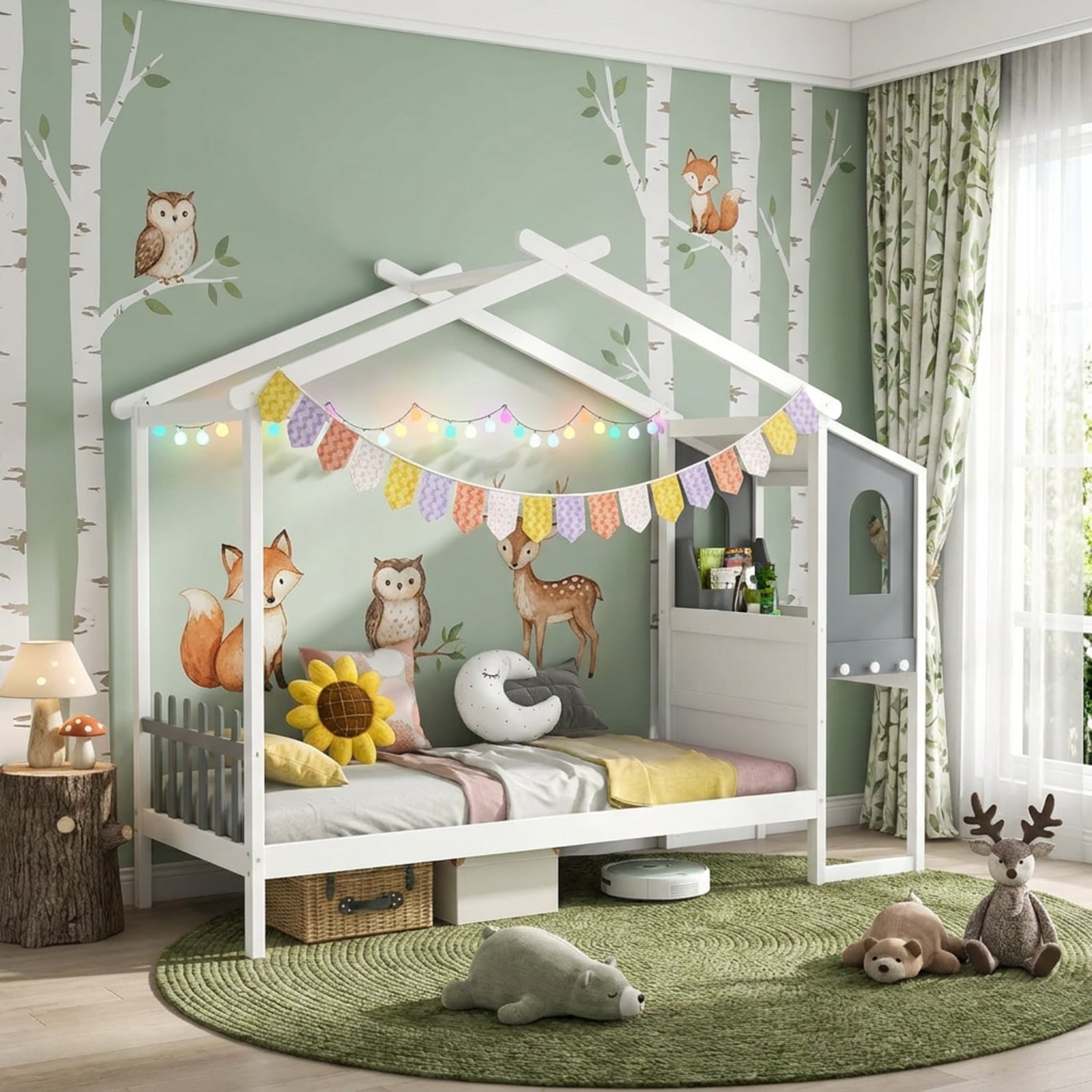 Furnibear Full Size Kids House Bed Frame with Roof Canopy Fence and Storage Desk for Kids Bedroom, White and Gray