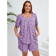 thumbnail image 3 of SHOWMALL Women's Plus Loungewear Set 2 Piece Floral Pajama Short Sleeve Tops and Shorts Purple Chrysanthemum 3X Soft Sleepwear with Pockets, 3 of 6