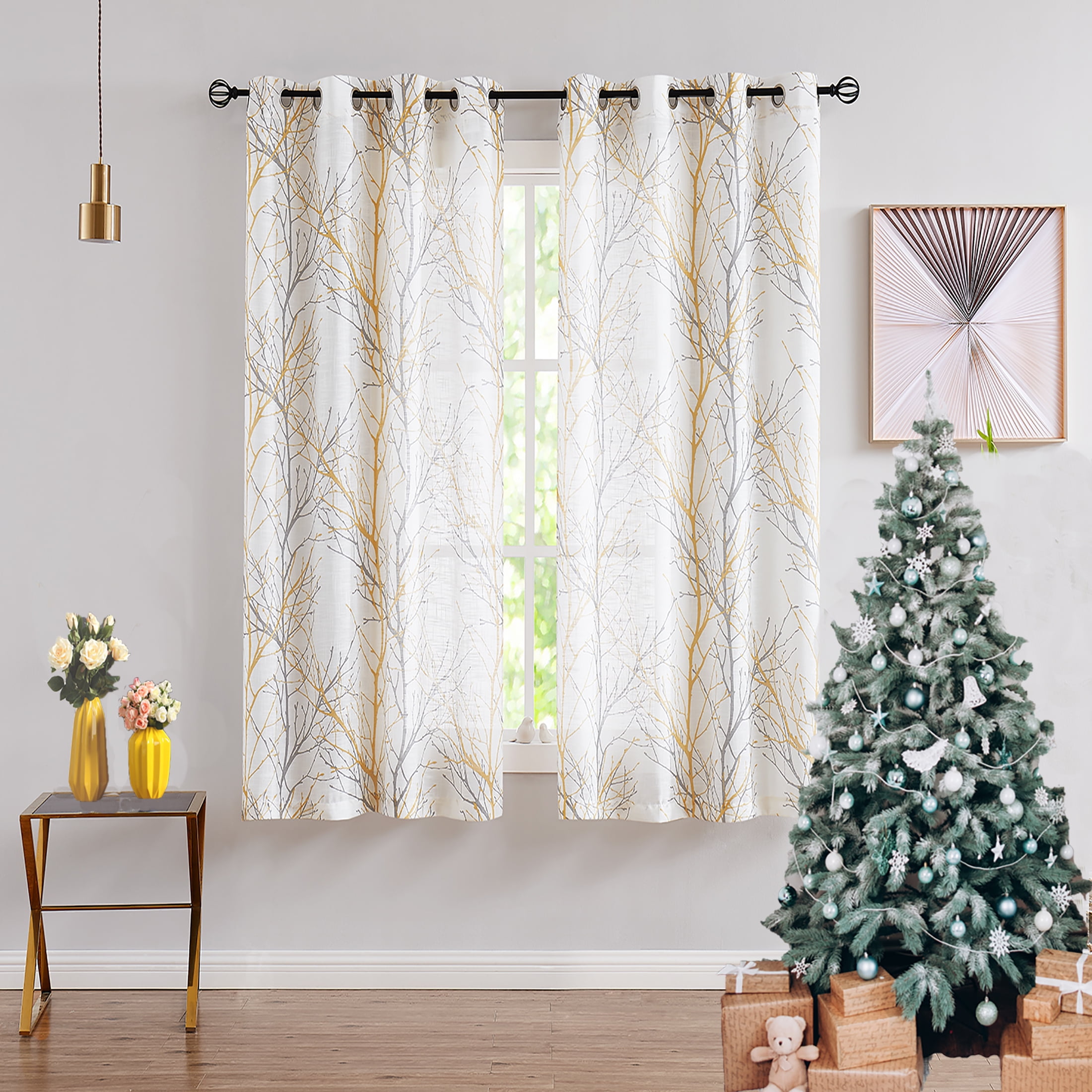 Decoultimatex Yellow Grey SemiSheer Curtains Tree Branches Print Linen