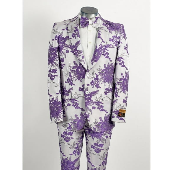 Mens 2 Button White & Lavender Purple Floral Paisley Prom and Wedding Tuxedo By Alberto Nardoni Brand Designer