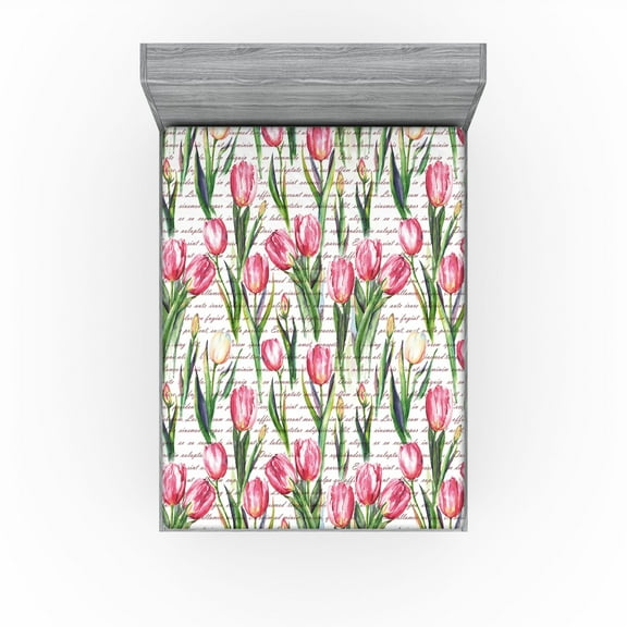 Ambesonne Love Themed Fitted Sheet, Romantic Tulip Flowers, California King, Hot Pink Fern Green Cream