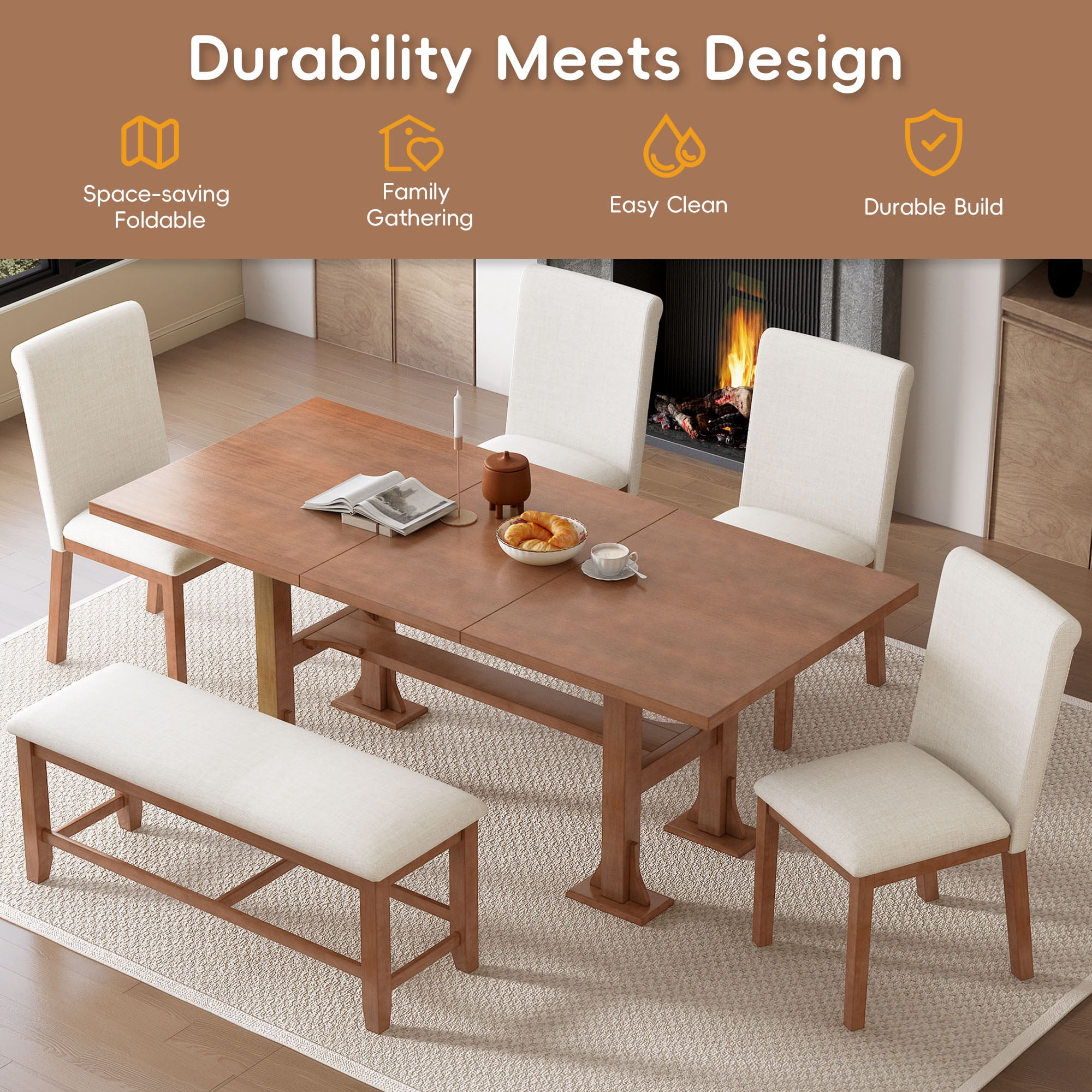 6-Piece Dining Table Set for 6, 58"-76" Extendable Dining Table with Removable Leaf, 4 Chair and Bench