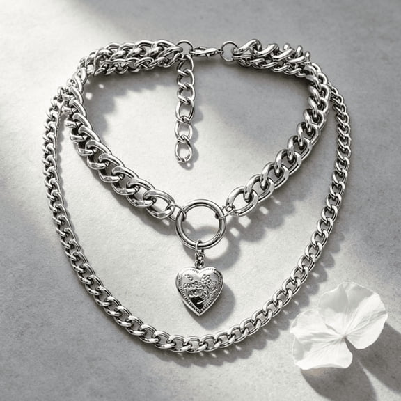 Chain Necklace for Women Layered Silver Heart Locket Pendant with Adjustable Extender Fashion Jewelry