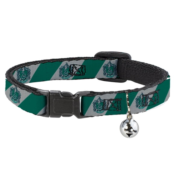 Harry Potter Breakaway Cat Collar With Bell, Plastic Clip, Easy Adjustable, Slytherin Crest Diagonal Stripe Gray Green, 8.5 to 12 Inches 0.5 Inch Wide