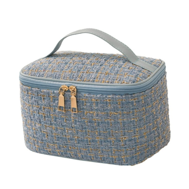 Bolsa de maquillaje con cremallera, estuche grande para cosméticos para mujeres y niñas, bolsa portátil multifunción, bolsa de viaje para baño, bolsa Azul