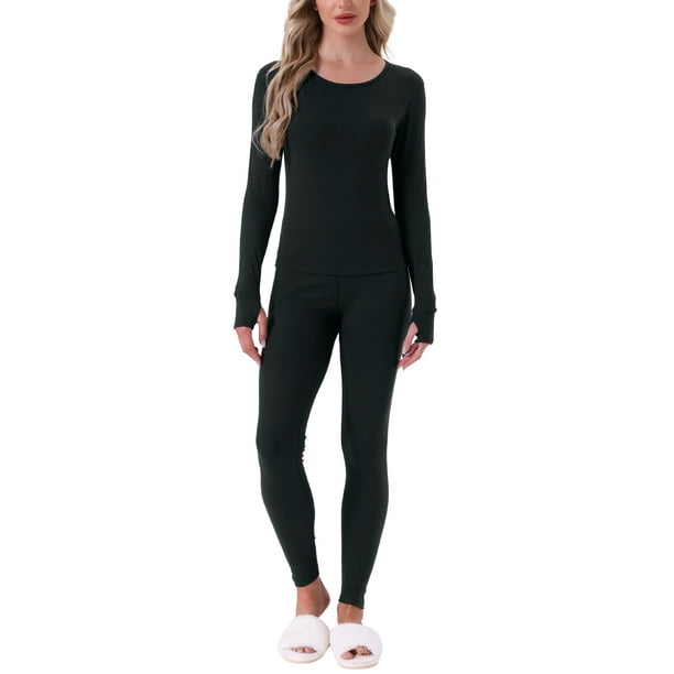 Conjuntos de ropa interior térmica para mujer INSPIRE CHIC con agujeros para los pulgares, manga larga y leggings, pijama de capa base para el invierno en color negro