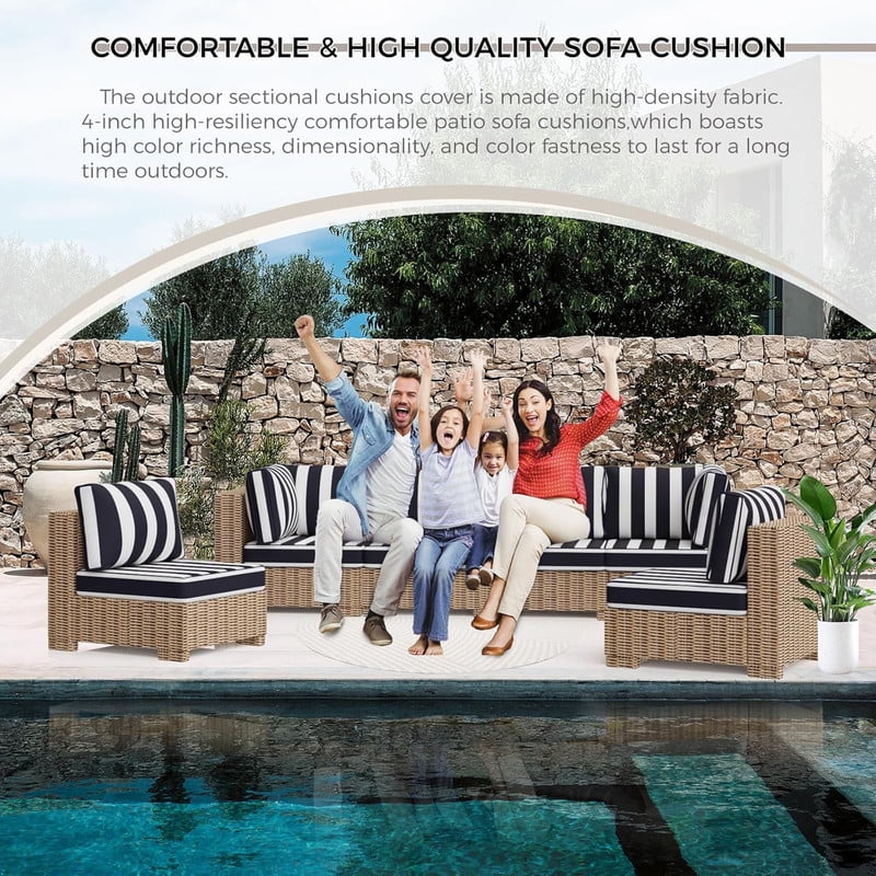 Outdoor Sectional Cushions, 6 Seat Patio Sectional Cushions, 4" Foam High-Density, Water-Resistant Patio Sofa Cushions Replacement Set（Black white）