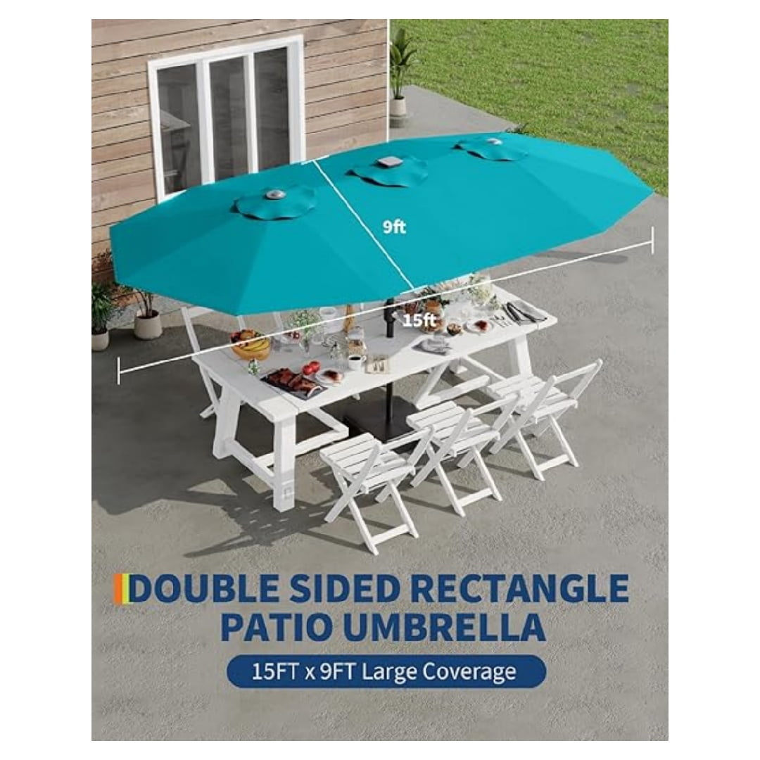 Heavy Duty 15FT Patio Umbrella with Weighted Base - Double-Sided Sun Shade for Outdoor Dining, Poolside, Backyard (Crank Handle, UV Blocking Fits 2-8 People)
