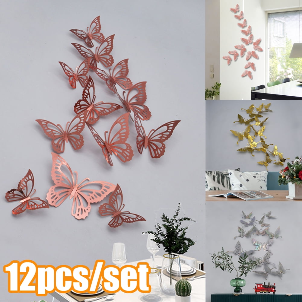 3 Styles 144 Pieces 3D Butterfly Wall Stickers Removable Hollow Butterfly Mural Decals DIY Decorative Wall Art Crafts for Home Wedding Decor Pink