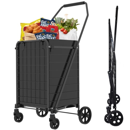 Foldable Shopping Cart with Shelf, Double Basket & 360° Wheels - Heavy Duty Grocery Cart for Laundry, Market, 200 LBS Capacity, Antique Black