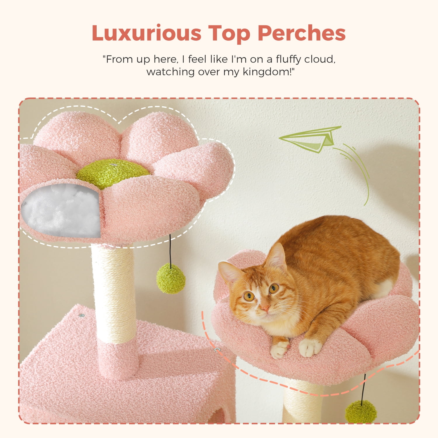 Pefilos 70.8" Tall Flower Cat Tree for Adult Indoor Cats, 8-Levels Large Cat Tower with 8 Sisal Posts, 2 Hammocks, 2 Condos, Big Perch & 3 Pom Poms, Beige