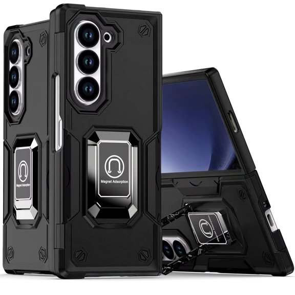 For Samsung Galaxy Z Fold 6 Magnetic Ring Stand Car Mount Holder Non Slip Dual Layer Shockproof Protective Hybrid Flip Fold Case Cover Black
