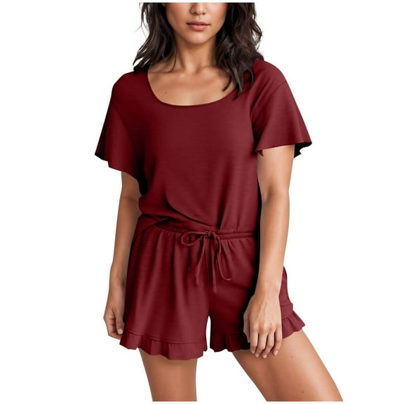 cfhntfmh Womens Ruffle Pajamas Set Short Sleeve Top and Ruffled Shorts with Drawstring Two Piece Matching Outfits Sleepwear