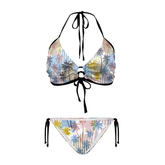chaqlin Women's Halter Neck Two-Piece Bikini Set | Tropical Palm Tree Print | Tie Side Bottoms | Quick Dry Swimwear for Beach Vacation & Pool Party
