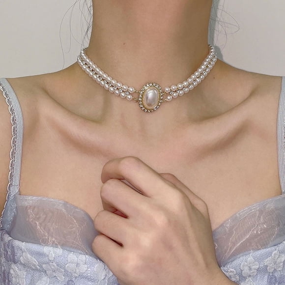 Jinsinto 2 Tier Boho Rhinestones Pearl Short Choker Necklace for Women Crystal Layered Pearl Chain Prom Wedding Costume Jewelry for Women