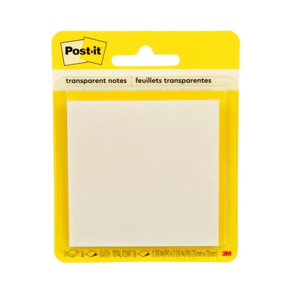 Feuillets transparents Post-it® 600-TRSPT, 73 mm x 73 mm (2 7/8 po x 2 7/8 po), 1 bloc/paquet, 36 feuillets/bloc