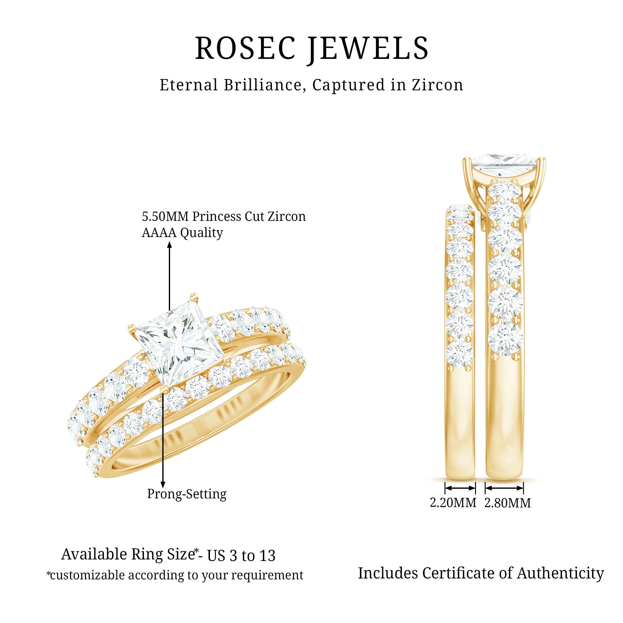 Rosec Jewels Cubic Zirconia Wedding Ring Set for Bride - 1 Carat Princess Cut Engagement Ring with Enhancer - Jewelry Box Included, 10K Yellow Gold, US 7.50