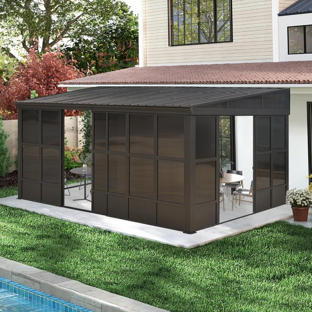 Domi 12x16FT Wall-Mounted Sunroom, Lean-To Gazebo with Galvanized Steel