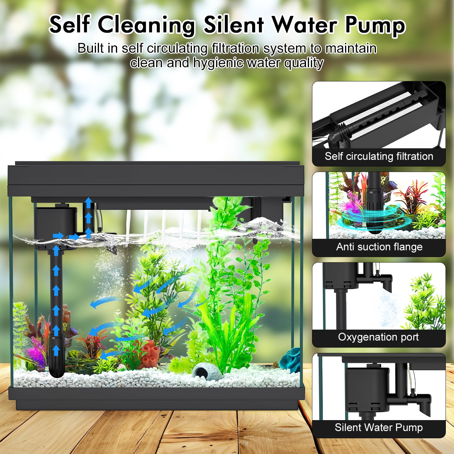 Rechale Smart Fish Tank, 2.4 gal UHD Clear Glass Aquarium with Smart Touch Control, 3-in-1 Silent Pump,7 Color Gradation RGB Lights, Multi-Layer Filtration System,Perfect for Home, Office, and Decor