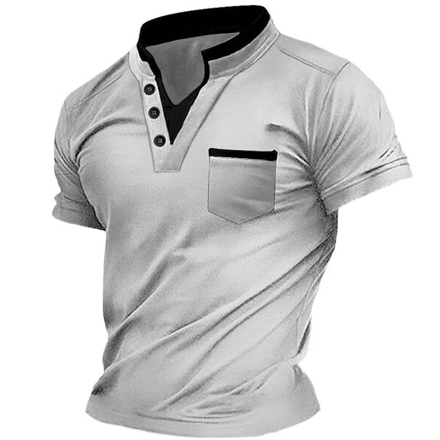 Camisas Para Hombre Manga Corta Tops de manga larga con botones de solapa y diseño de contraste de Color sólido a la moda de verano para hombre (GY1, M)