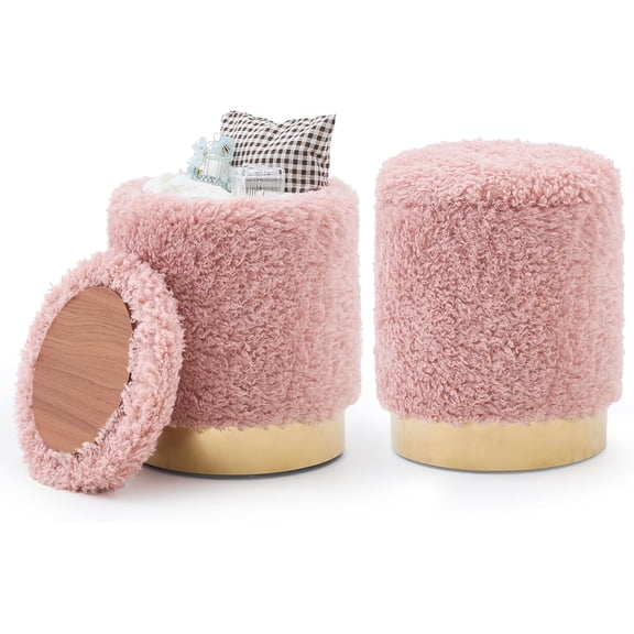 Mxfurhawa Round Ottoman Set of 2,Upholstered Footrest Stool Support 300lbs,Modern Padded Seat Foot Stool Coffee Table,Vanity Stool with Storage and Metal Legs for Living Room (Pink-Long Wool)