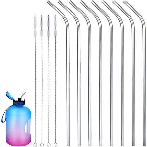 8 Pieces 14 Inch Stainless Steel Straws Long Drinking Straws for 100 oz Tumblers, Reusable Metal Drinking Straws Extra with 4 Pieces Cleaning Brush