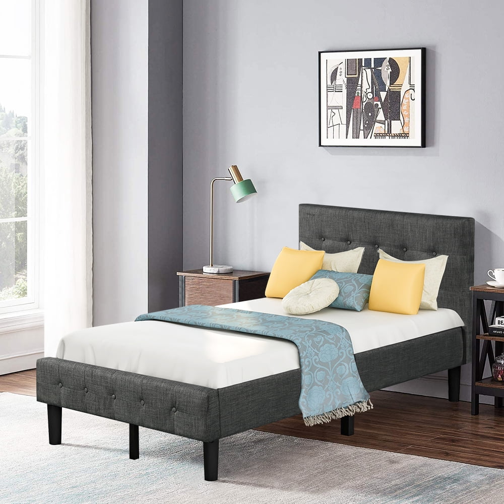 Modern Gray Upholstered Twin Bed Frame with Headboard Wood Slats Support Heavy Duty Platform Bed for Adults Kids