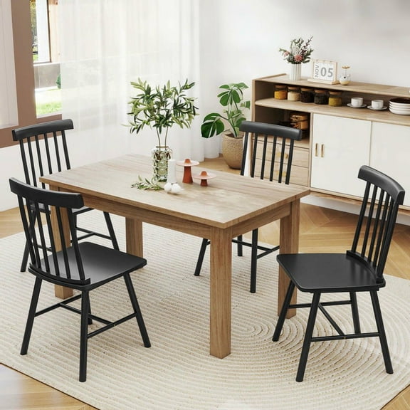 Resenkos Set of 4 Farmhouse Spindle Back Dining Chairs, Crafted from Solid Rubberwood for a Classic and Durable Kitchen Seating Solution, Black