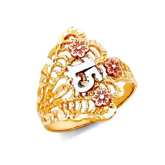 14k Yellow Gold White Gold and Rose Gold Quinceanera Sweet 15 Years Ring Size 7 Ring for Women