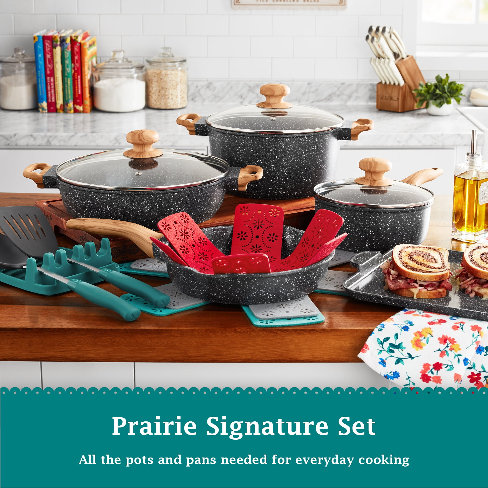 The Pioneer Woman Prairie Signature 25-Piece Cast Aluminum Cookware Set, Charcoal Speckle