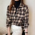 thumbnail image 2 of Women's Button Down Flannel Shirts Plaid Long Sleeve Business Shacket Jackets Casual Loose Lapel Blouses with Pockets (Coffee L), 2 of 6