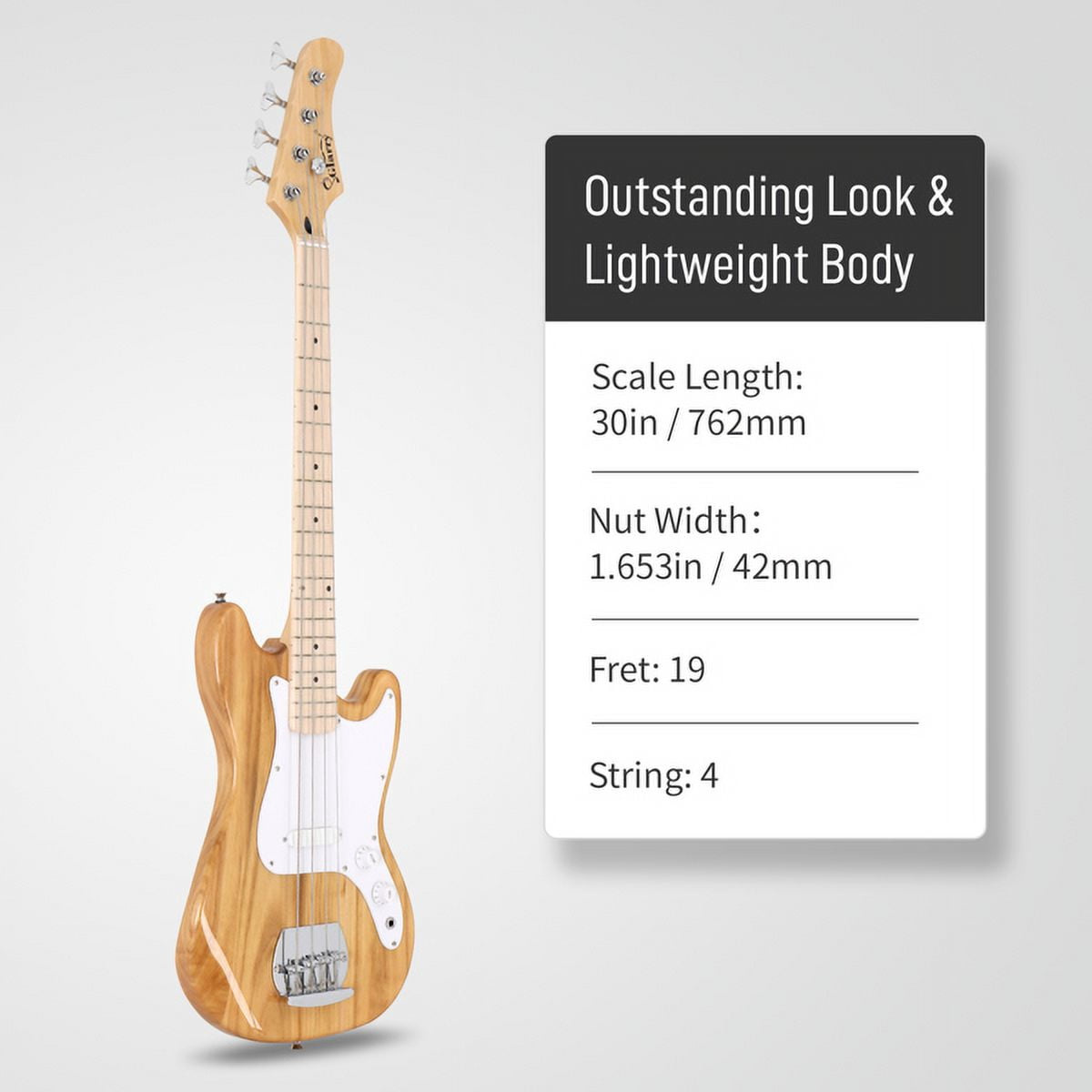 4 String 30in Short Scale Thin Body GB Bass Guitar with Bag Strap Connector Wrench Tool Burlywood